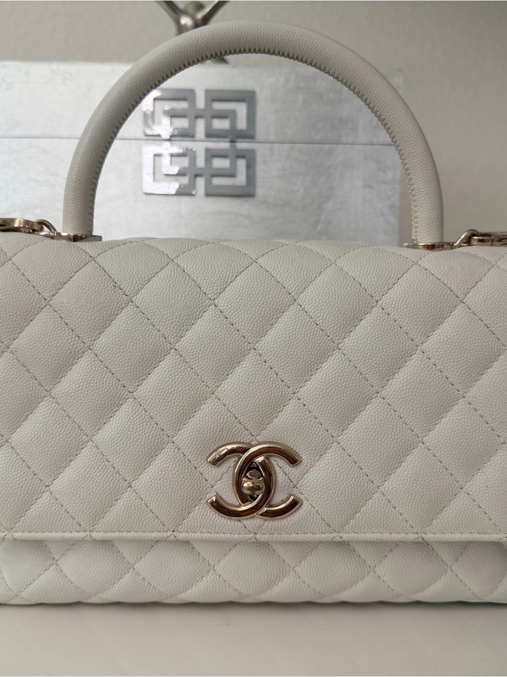 CHANEL White Quilted Top Handle Satchel with Gold CC